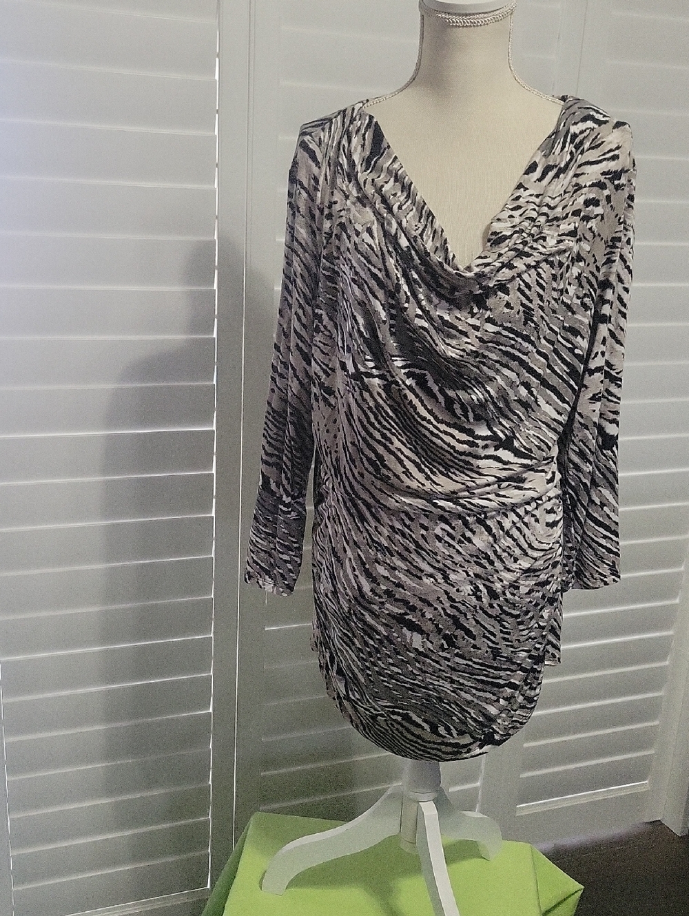 Jennifer Lopez Black & White Zebra Print Draped Cowl Neck Tunic